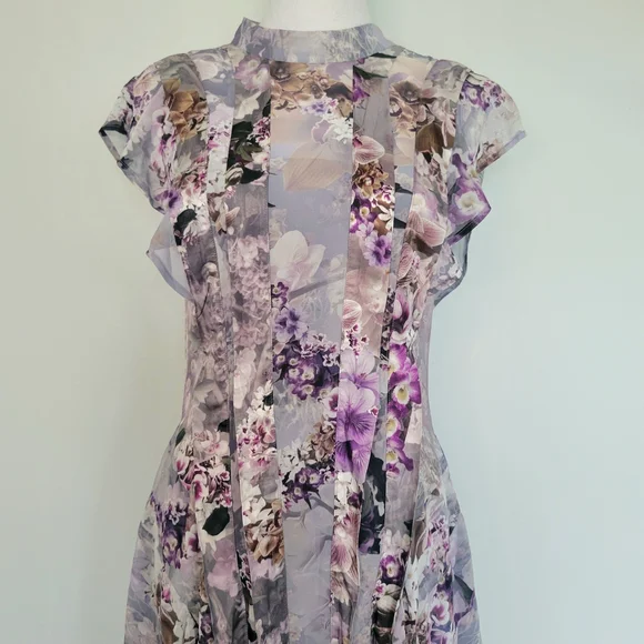 ALL SAINTS Fleur Lucia Asymmetrical Mock Neck A-line Gray Purple Dress Size 2 - Picture 5 of 16